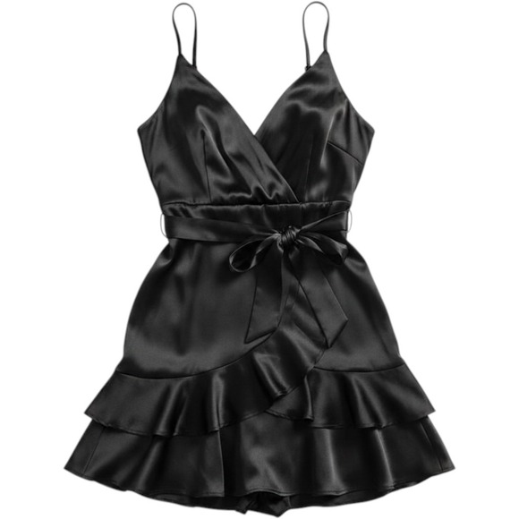 Altar'd State Dresses & Skirts - Altar'd State Satin Mini Dress XL Black Ruffle Tiered Wrap Cocktail Romantic